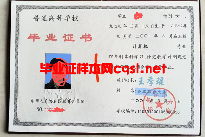 合肥2001年合肥联合大学毕业证书样本模板