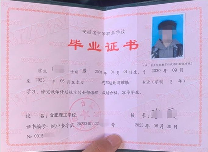 合肥合肥理工学校中专毕业证样本